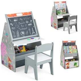 Costway Doppio lato cavalletto per bambini e stazione di gioco, Set tavolo e sedia con lavagna bianca e lavagna magnetica 2 Colori