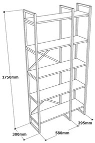 Libreria Industrial 2 Sezioni E 5 Ripiani Ferro E Legno 87x30x175 Voyage