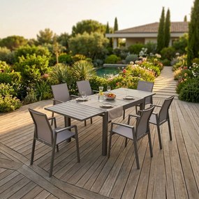 JERRI - set tavolo in alluminio cm 135/270 x 90 x 75 h con 6 poltrone Lotus