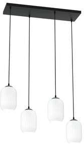 Lampadario 4 Luci Selene In Acciaio Nero E Vetri Plissettati Bianchi
