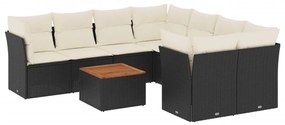 Set divani da giardino 9 pz con cuscini nero in polyrattan