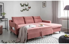 Divano letto angolare in velluto rosa, angolo destro Stylish Stan - Miuform