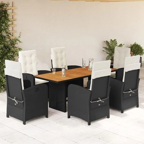Set da pranzo da giardino 7 pz nero con cuscini in polyrattan