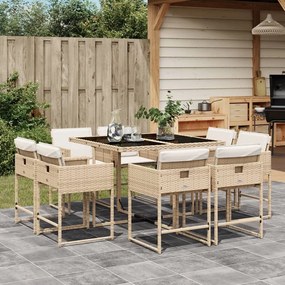 Set da pranzo da giardino 9 pz con cuscini beige in polyrattan