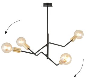 Sospensione Industrial 4 Luci Temi In Acciaio Nero E Oro Bracci Regolabili