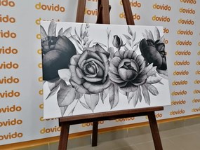 Stampa su tela – Incantevole combinazione di fiori e foglie in bianco e nero