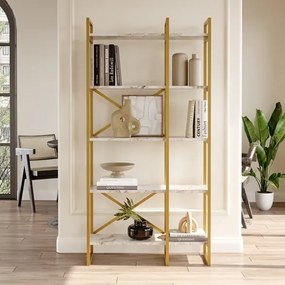 Libreria Oro 88x30x175 Cm 5 Ripiani Effetto Marmo Doppio Modulo Decus