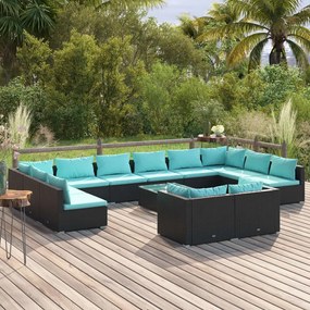 Set Divani da Giardino 13 pz con Cuscini in Polyrattan Nero