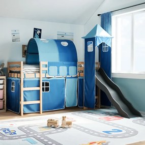 Letto A Soppalco Con Torre Bambini Blu 80x200cm Massello Pino /