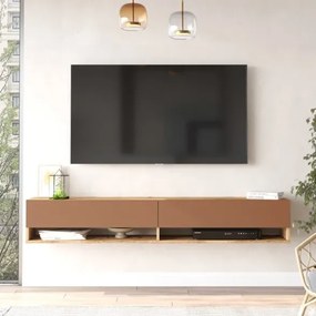 Mobile Tv Sospeso 180x32x30 Effetto Legno Rovere E Rosso Con Vani Frame