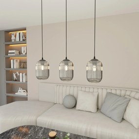 Lampadario 3 Luci Selene In Acciaio Nero E Vetri Plissettati Fumè