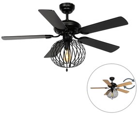 Ventilatore da soffitto nero con legno e interruttore a tirare - Mistral Johanna