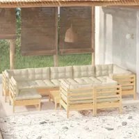 Set Divani da Giardino 10 pz con Cuscini Crema Massello di Pino 3096532