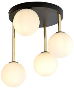 Plafoniera Contemporanea 4 Luci Teseo In Acciaio Nero Oro E Sfere Vetro Bianco