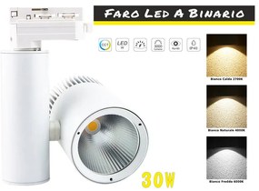 Faro Lampada Led A Binario 30W Mono Fase CCT CRI 90 Carcassa Bianca 2700K 4000K 6000K 3 In 1 Luce Stretta 24 Gradi