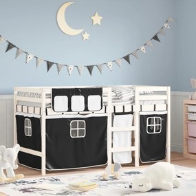Letto A Soppalco Con Tende Bambini Bianco E Nero 90x200 Cm Pino /