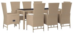 Set da pranzo da giardino 9 pz con cuscini beige in polyrattan