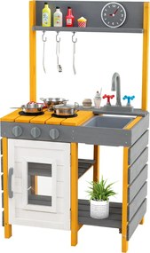 Costway Cucina giocattolo per bambini con fornelli e ganci appesi e mensole portaoggetti, Giocattolo in legno per bambini 3+ Grigio