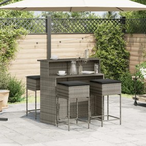 Set bar da giardino 5 pz con cuscini in polyrattan grigio