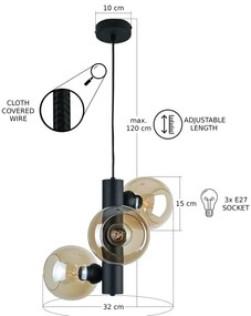 Lampadario a sospensione con filo TUBE 3xE27/60W/230V nero/fumé beige