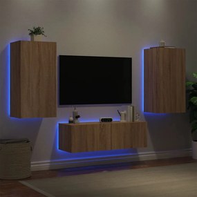 Mobili tv a muro 3pz con luci led rovere sonoma