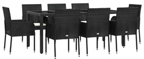 Set da Pranzo da Giardino 9 pz con Cuscini Nero in Polyrattan