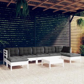 Set divani da giardino 8 pz con cuscini bianchi legno di pino