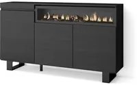 Credenza, Mobile soggiorno 150x87x35cm, 3 Porte, Camino elettrico, Design industriale, Stile moderno, Nero