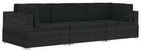 Set divani da giardino 3 pz con cuscini in polyrattan nero