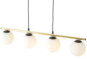 Sospensione Contemporanea 4 Luci Odisseo In Acciaio Oro Nero E Sfere Vetro Bianco