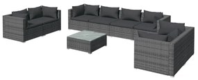 Set divani da giardino 9 pz con cuscini in polyrattan grigio