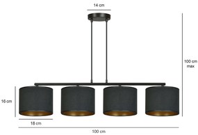 Lampadario 4 Luci Hilde In Acciaio Nero E Paralumi In Tessuto Nero