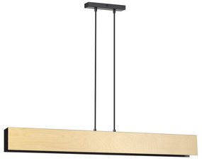 Lampadario 4 Luci Merlino In Acciaio Nero Corpo Rettangolare E Legno Naturale