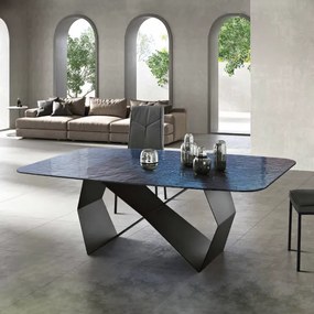Tavolo fisso 210 cm KARL con base metallo Nero e piano vetro martellato Blu