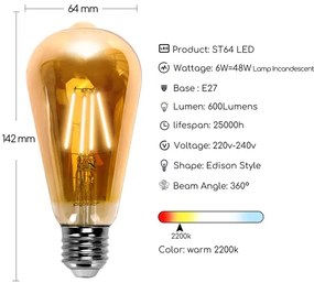 Lampadina LED ST64 E27/6W/230V 2200K - Aigostar