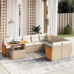 Set divano da giardino 10 pz con cuscini beige in polyrattan