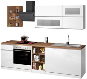 Cucina Lineare Moderna SOLE 256 cm – Bianco Lucido e Rovere, Soft Close