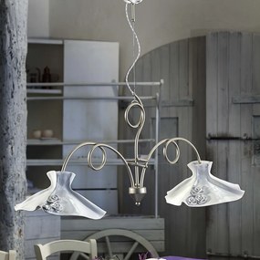 Lampadario Classico Lecco Metallo E Ceramica Argento Decorato 2 Luci E27