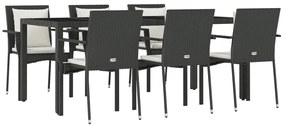 Set da pranzo da giardino 7 pz nero con cuscini in polyrattan