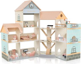 Costway Casa delle bambole con tetto rosa/arancione con 41 mobili e accessori, Casetta delle bambole ad angolo in legno 2 Colori