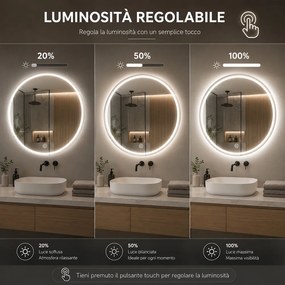 Specchio Rotondo Ø70 cm con LED a 3 Colori Dimmerabile Accensione Touch...
