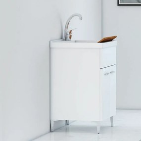 Mobile Lavatoio 60x50 cm Due Ante con vasca in ceramica Bianco Lucido