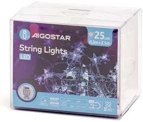 Aigostar - Catena luminosa natalizia LED per esterni 25 LED/8 funzioni 3xAA 2,5 m IP44 bianco freddo