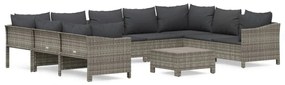 Set divani da giardino 10 pz con cuscini in polyrattan grigio
