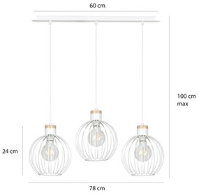 Lampadario 3 Luci Morgana Paralumi A Gabbia In Acciaio Bianco E Legno Naturale