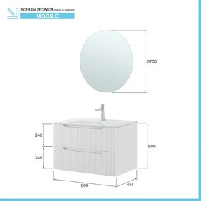 Mobile bagno sospeso 80 bianco cannettato doppi cassetto lavabo e specchio Wise
