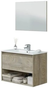 Mobile Bagno Sospeso 80 cm Vano Aperto Lavabo Specchio E Colonna Rovere Alaska VAN