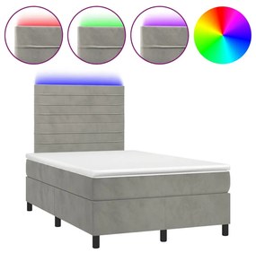 Letto a molle materasso e led grigio chiaro 120x200 cm velluto