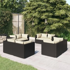 Set salotto da giardino 8 pz con cuscini in polyrattan nero