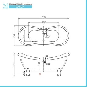 Vasca da bagno freestanding classica 175x72 con Piedini cromo a zampa daquila regolabili Elizabeth